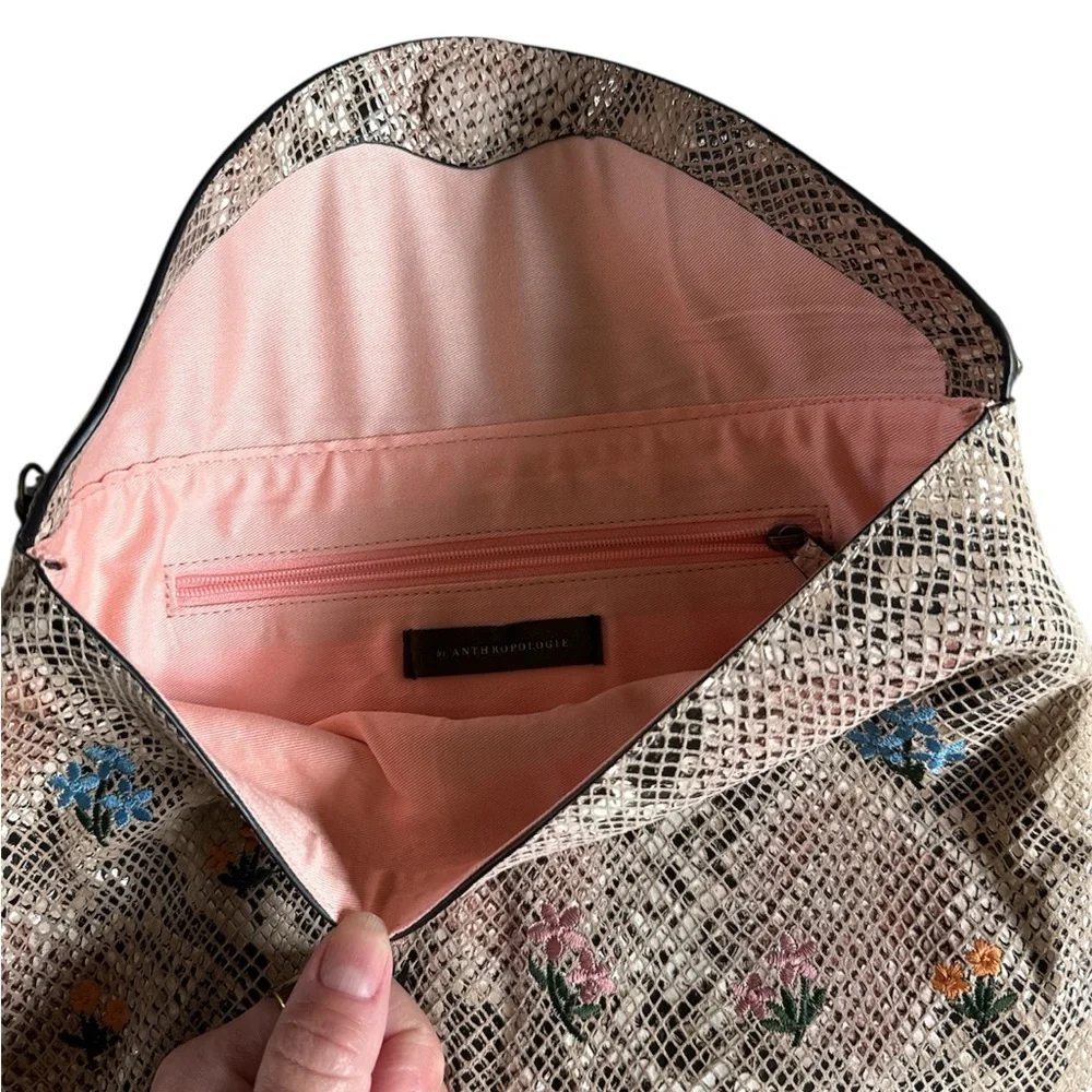 Anthropologie Floral Embroidered Envelope Clutch Snakeskin Print Bag